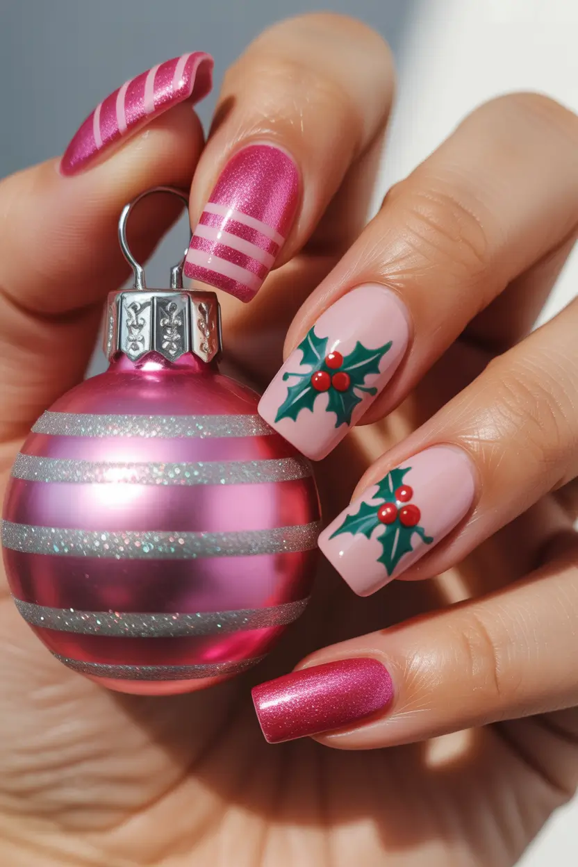 pink christmas nails Holly Berry Joy