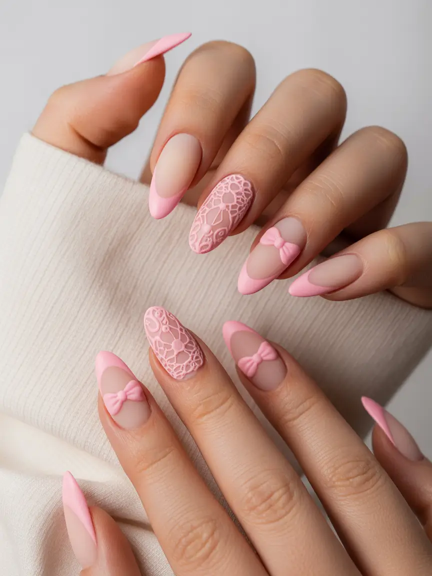 pink christmas nails Frosted Lace & Bows