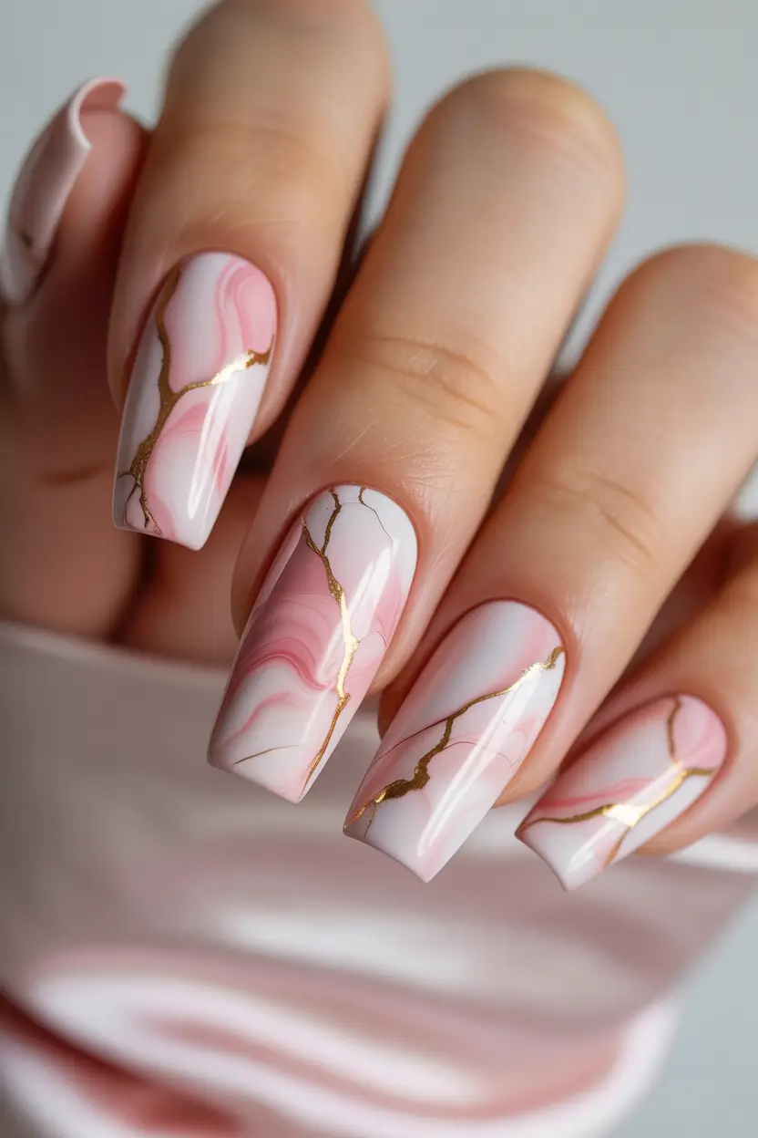 pink christmas nails Golden Marble Frost