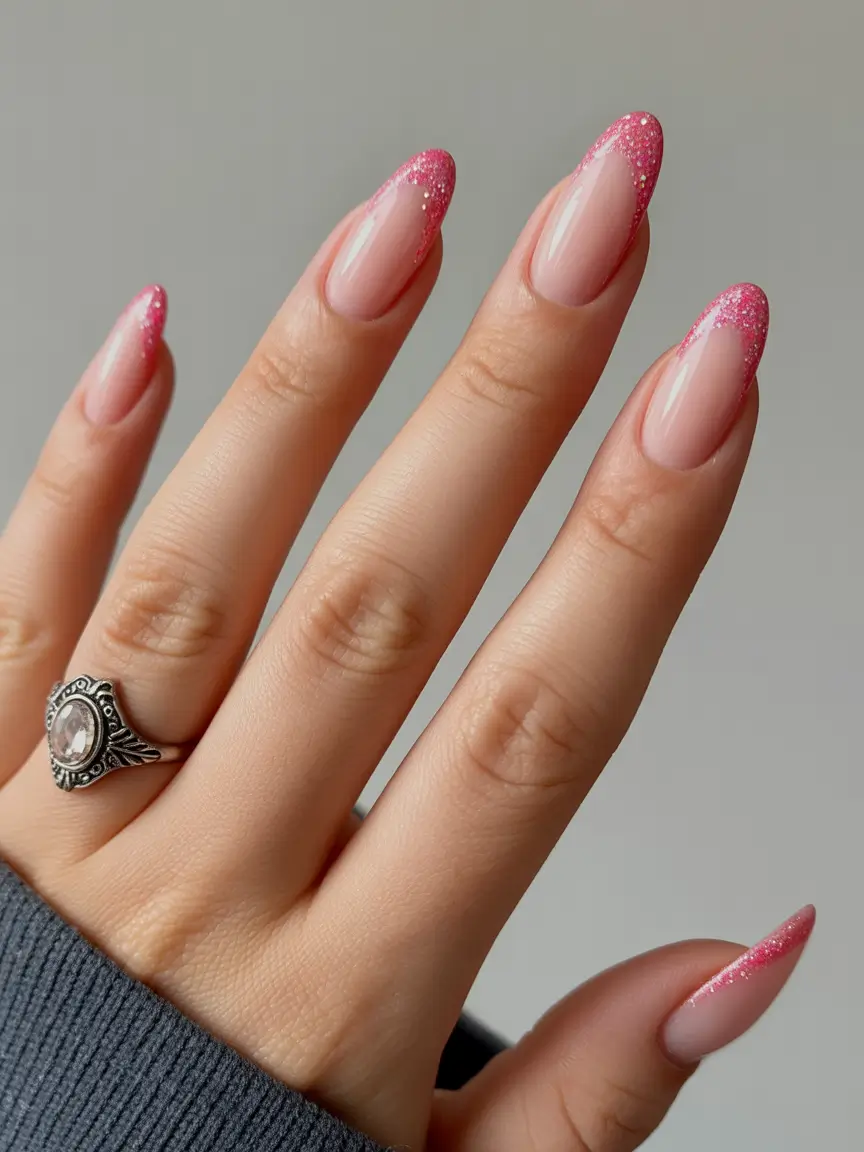 pink christmas nails Twinkle French Mist