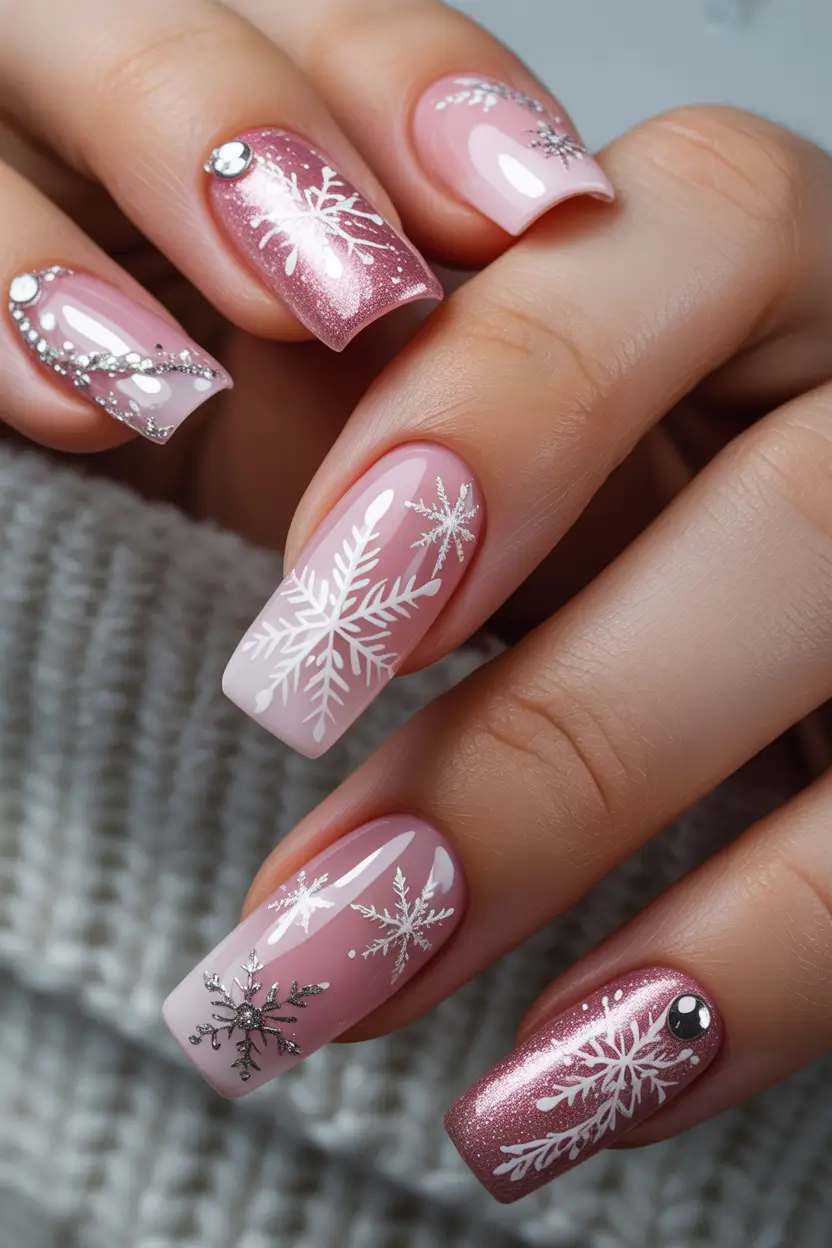 pink christmas nails Snowflake Symphony