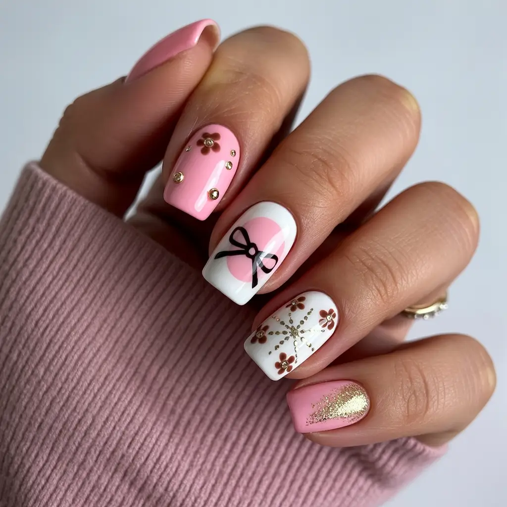 pink christmas nails Chic Bow Elegance