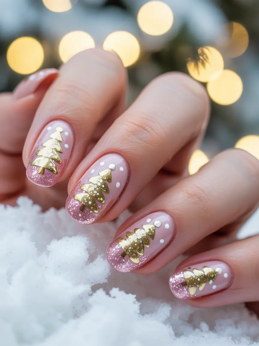 pink christmas nails Golden Pine Charm