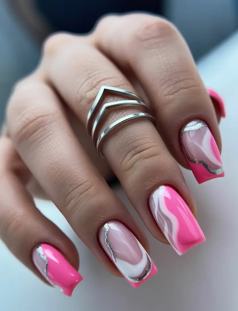 pink winter nails Hot Pink Chrome Waves