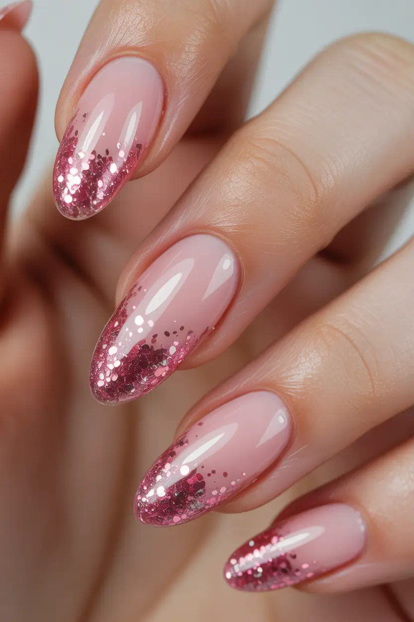 pink winter nails Pink Glitter Fade Almonds
