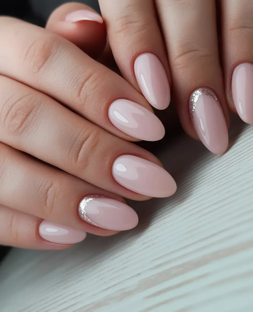 pink winter nails Soft Blush with Silver Detail