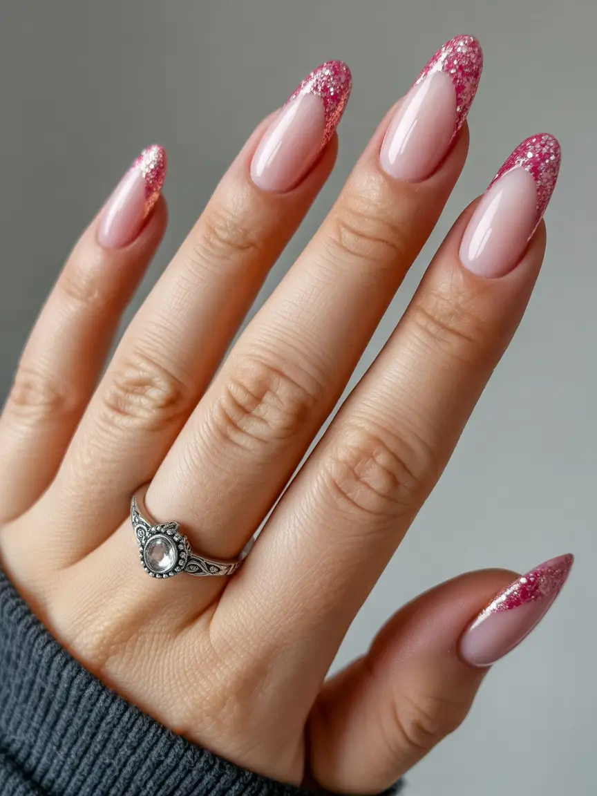 pink winter nails Rose Glitter French Curve
