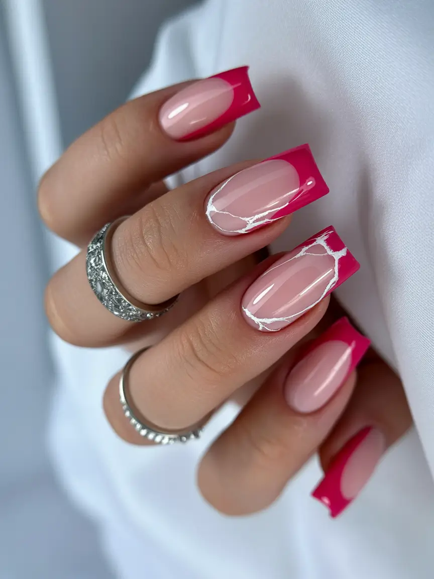 pink winter nails French Twist with Pink Marble Tips