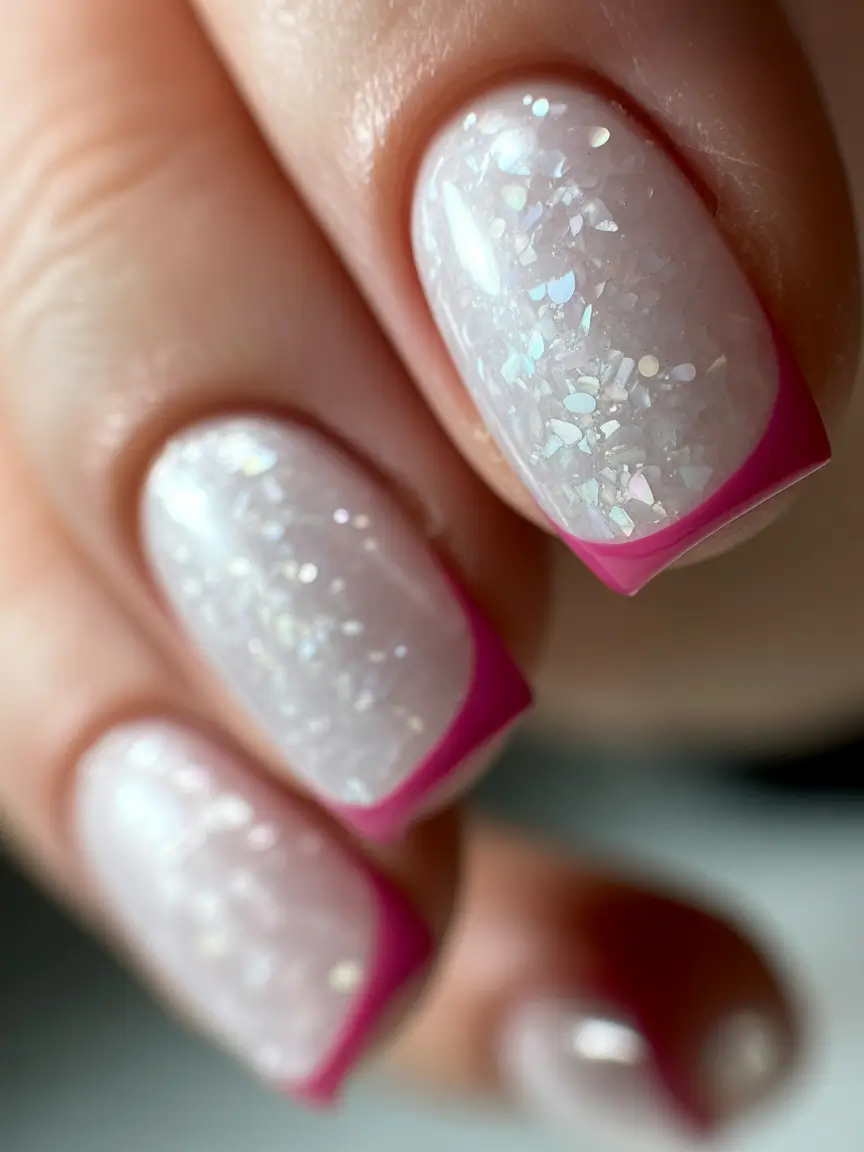 pink winter nails Frosted Pink Glitter French