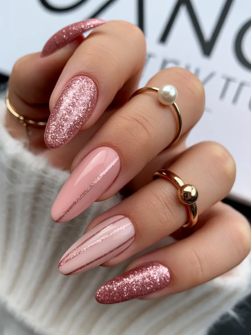 pink winter nails Rosy Glitter Almond Elegance