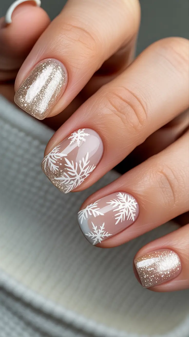 pink winter nails Golden Snowfall Minimalist