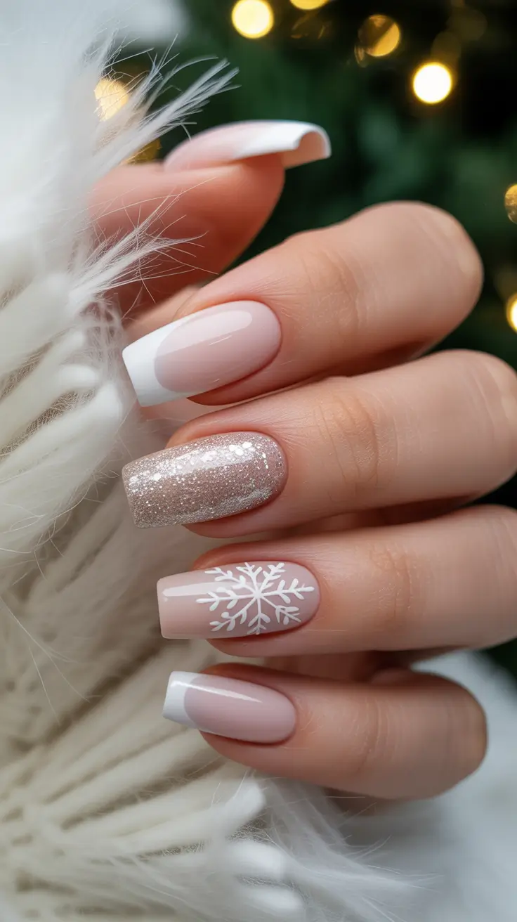 pretty winter nails Snowflake Glow - Soft French and Sparkle Harmony