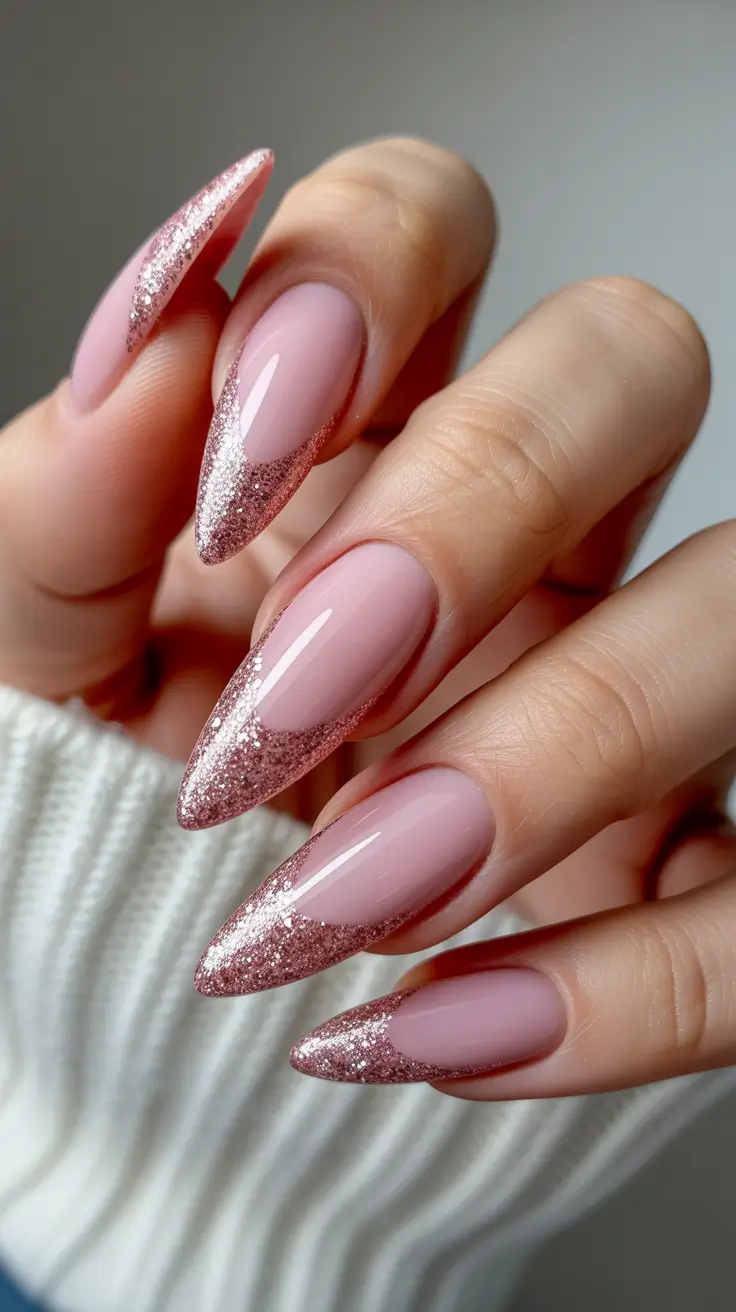 pretty winter nails Rose Gold Frost Tips - Sparkle with Subtlety
