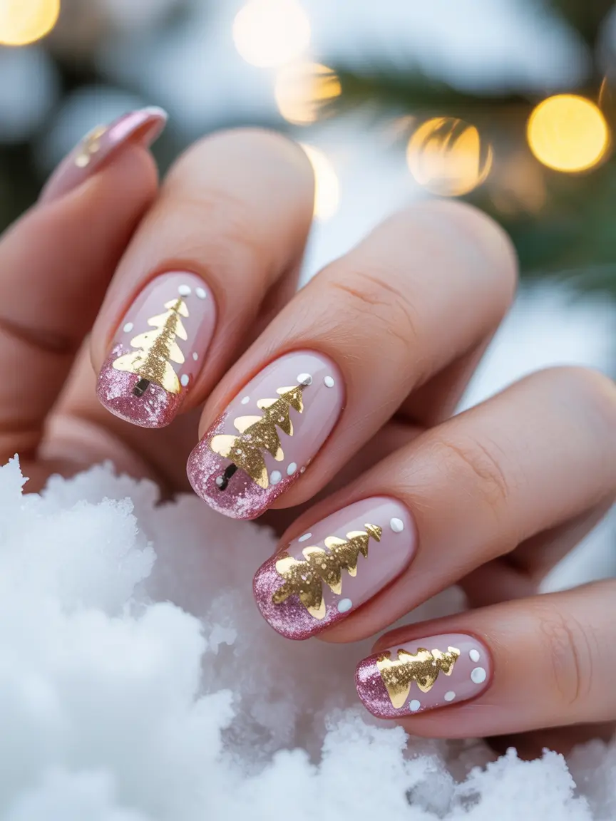 pretty winter nails Golden Pines - Festive Glamour Meets Minimalism
