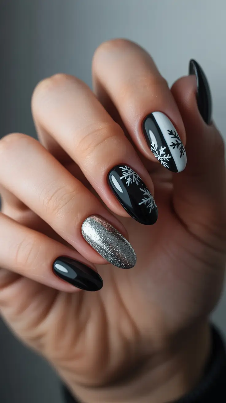 pretty winter nails Midnight Frost - Black and Silver Snowflakes