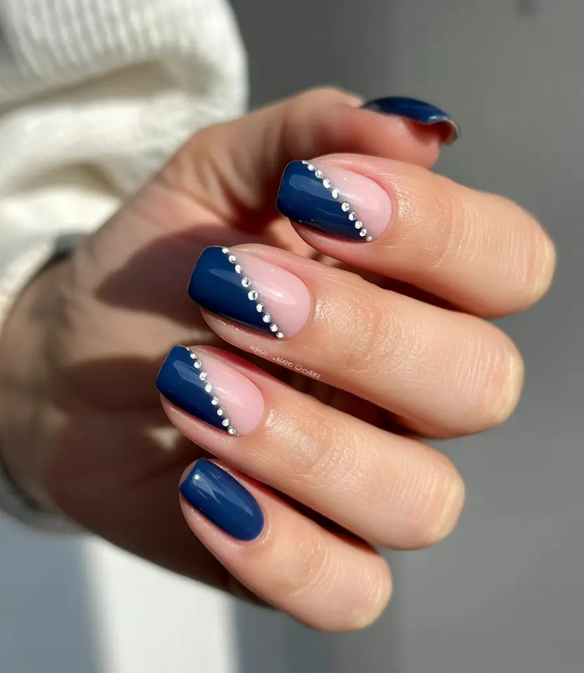 pretty winter nails Royal Contrast - Deep Navy with Pearl Embellishments