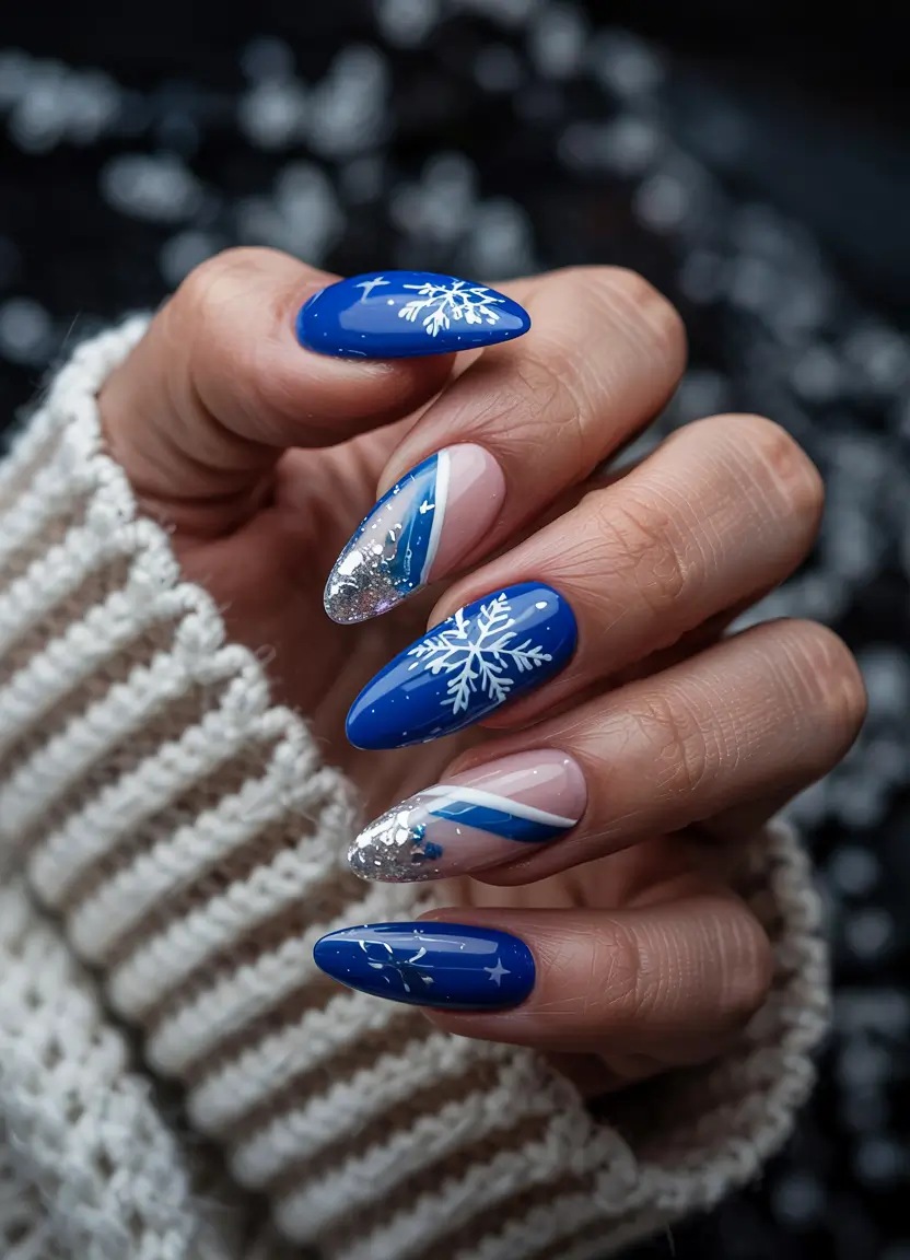 pretty winter nails Frozen Elegance - Blue and Silver Snowflakes