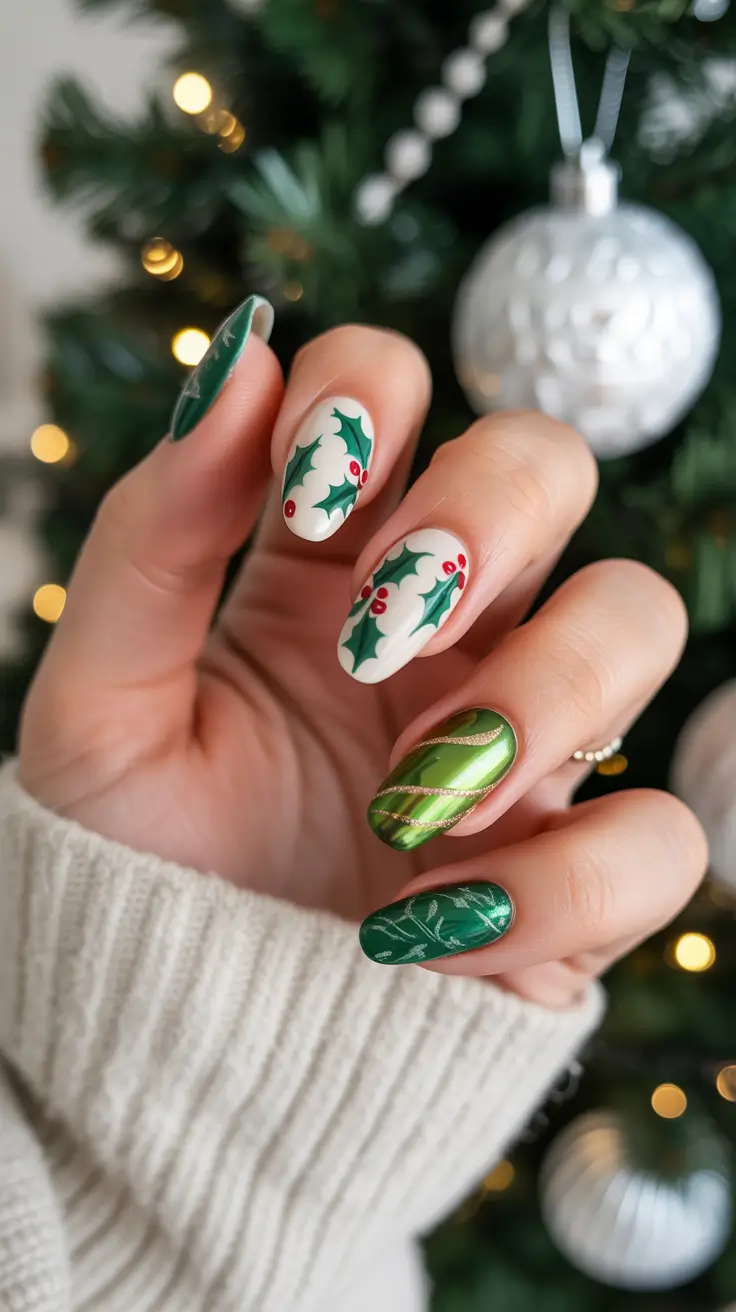pretty winter nails Evergreen Joy - Festive Green and Holly Leaves
