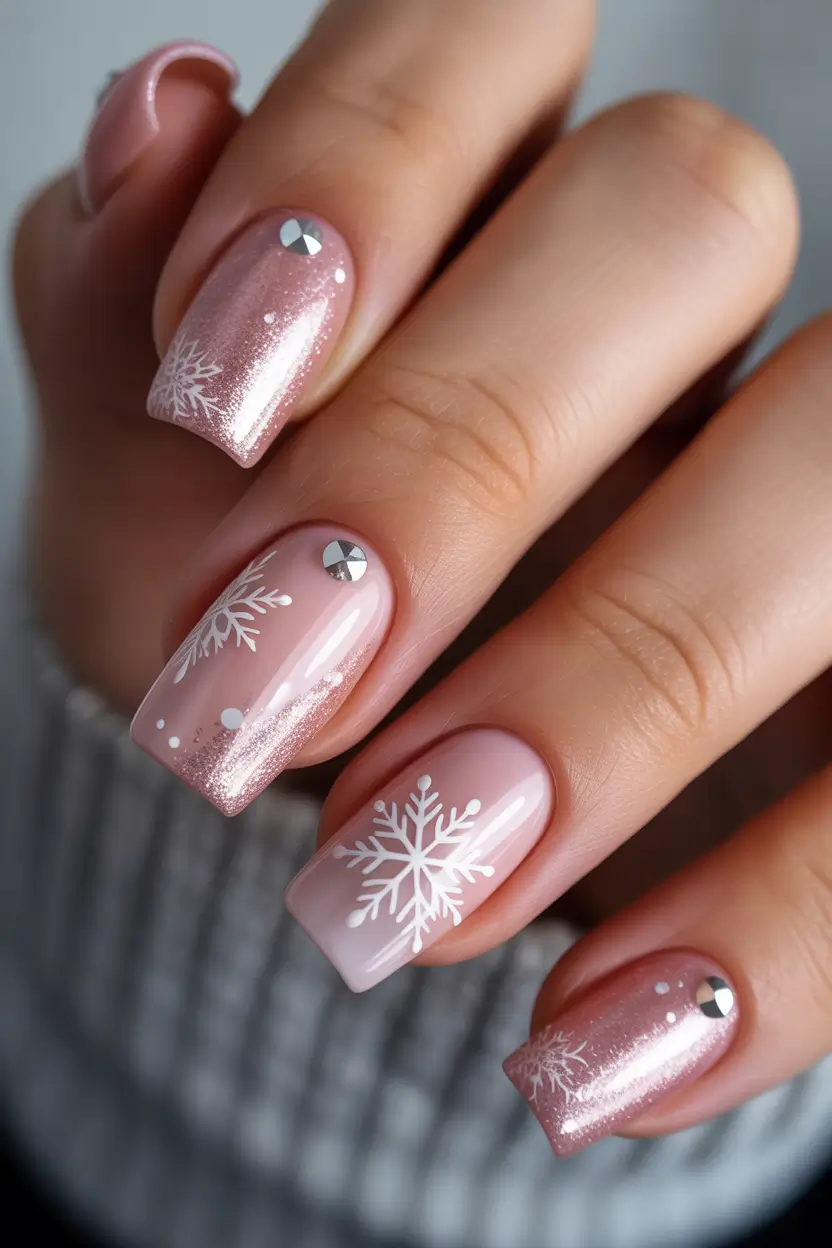 pretty winter nails Frosted Blush Sparkle - Subtle Shine and Snowflakes