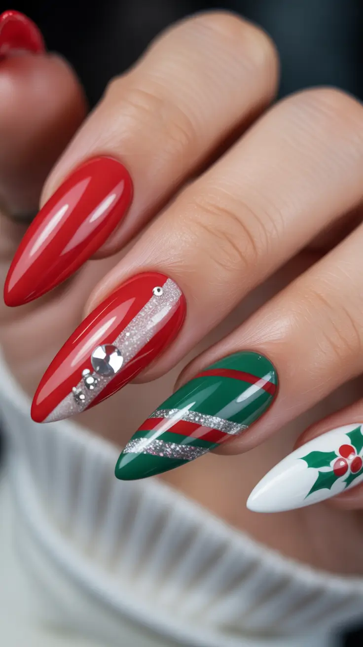 red christmas nails Holiday Candy Stripe Elegance