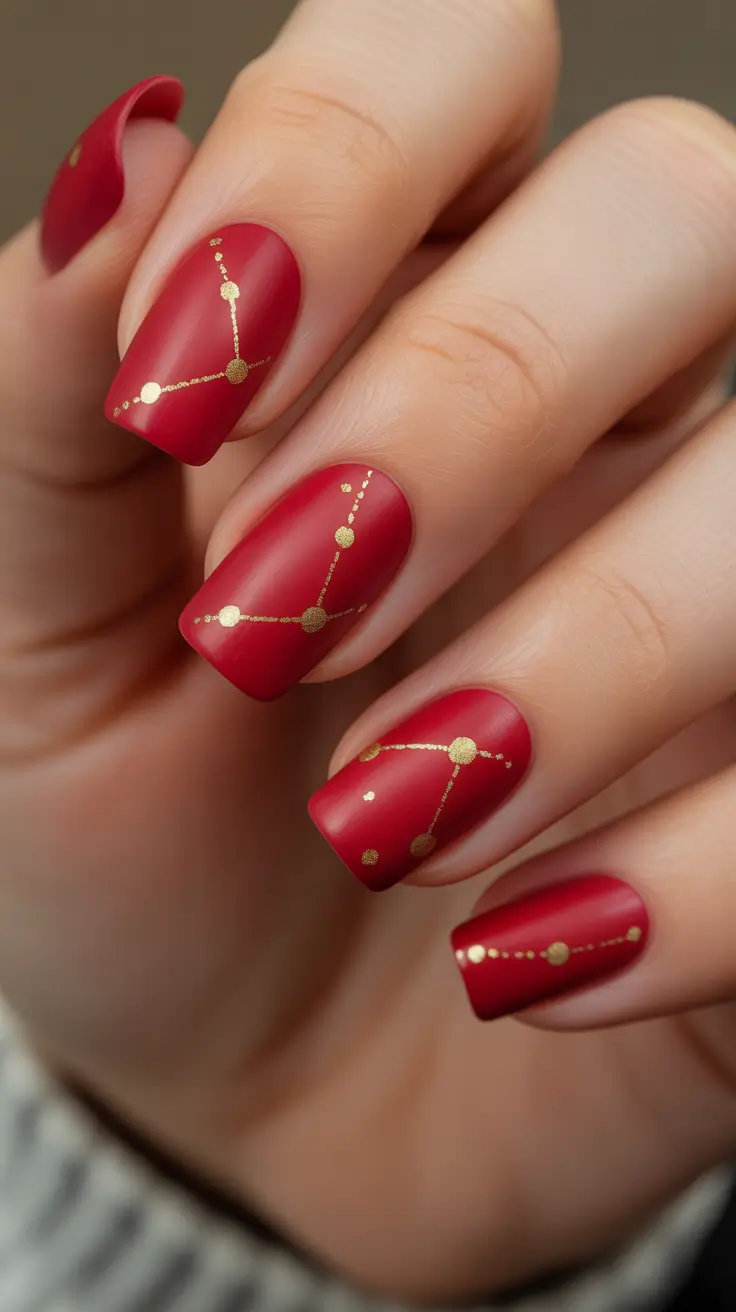 red christmas nails Matte Gold Constellation