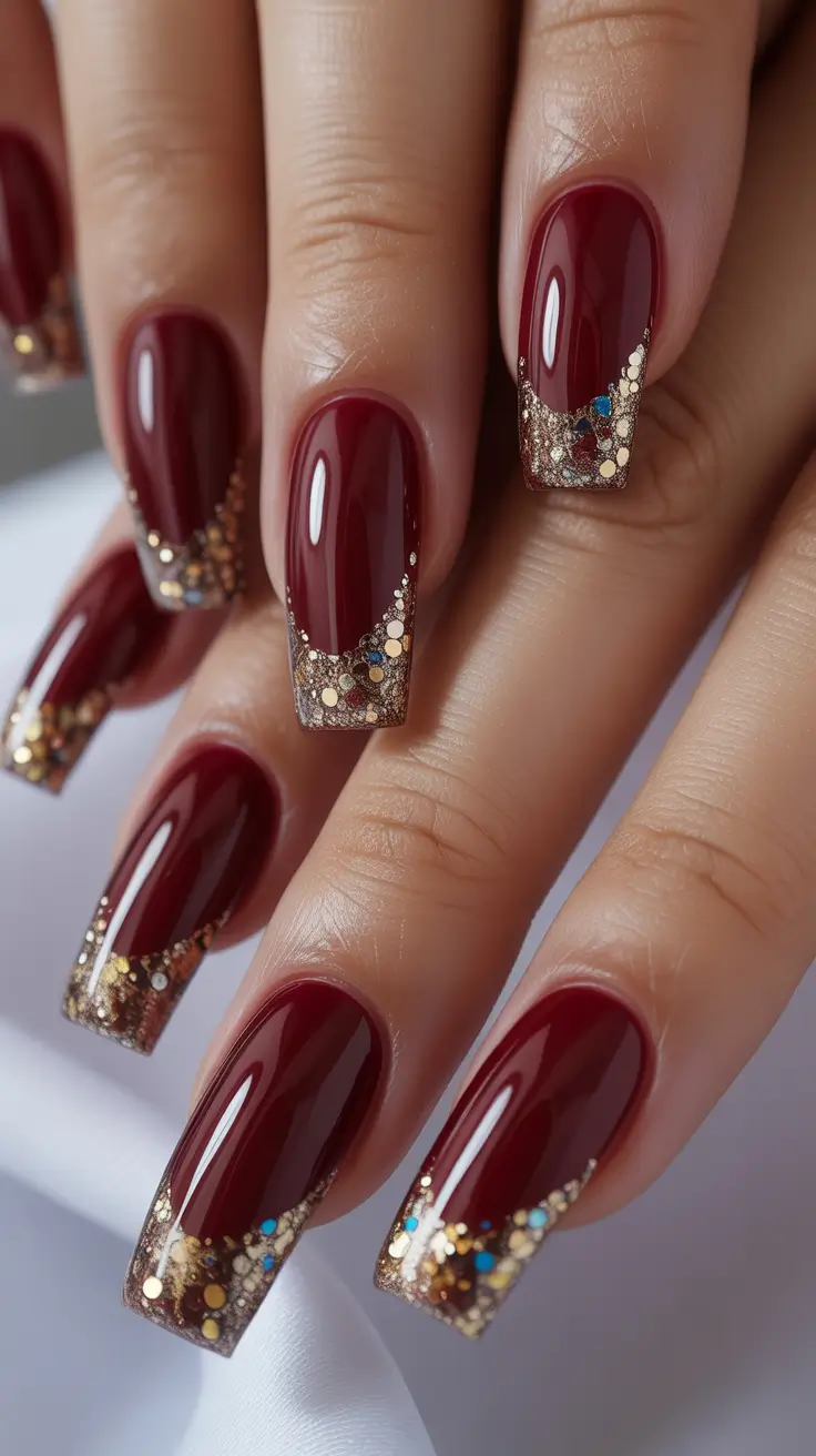 red christmas nails Golden Edge Burgundy
