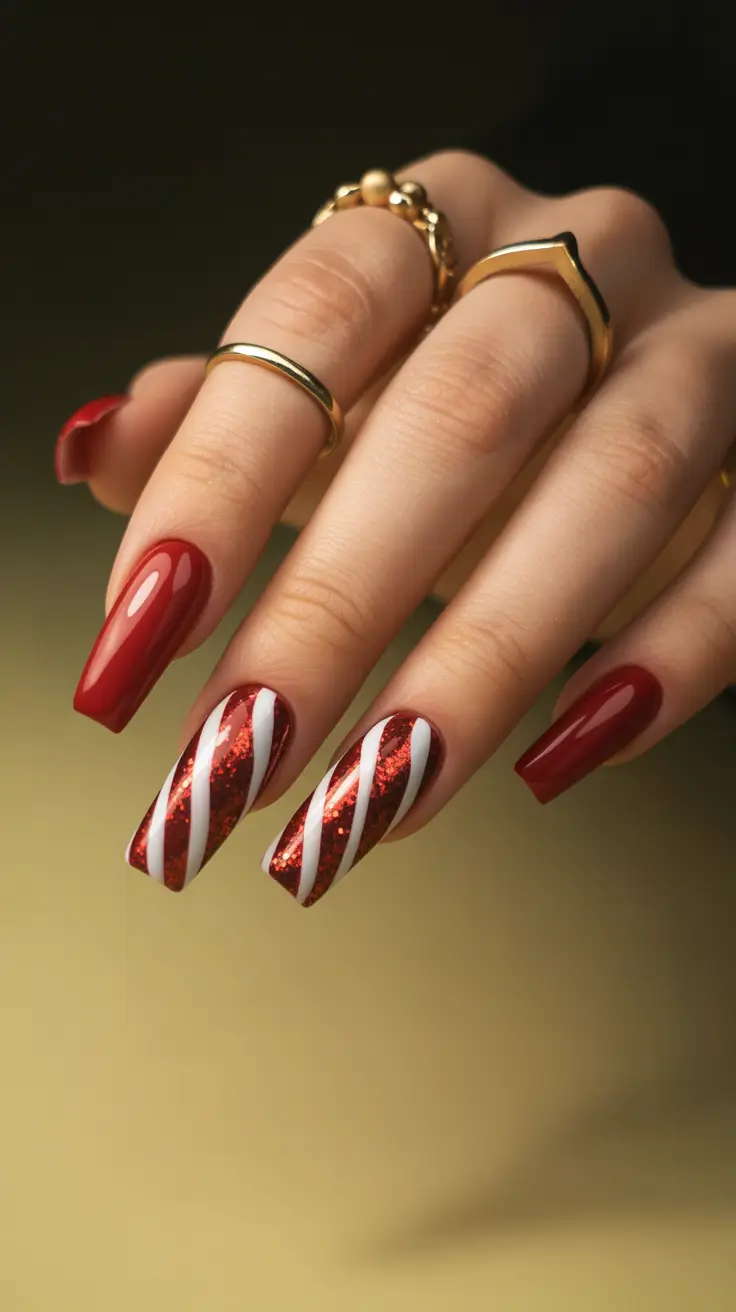 red christmas nails Peppermint Glam Stripes