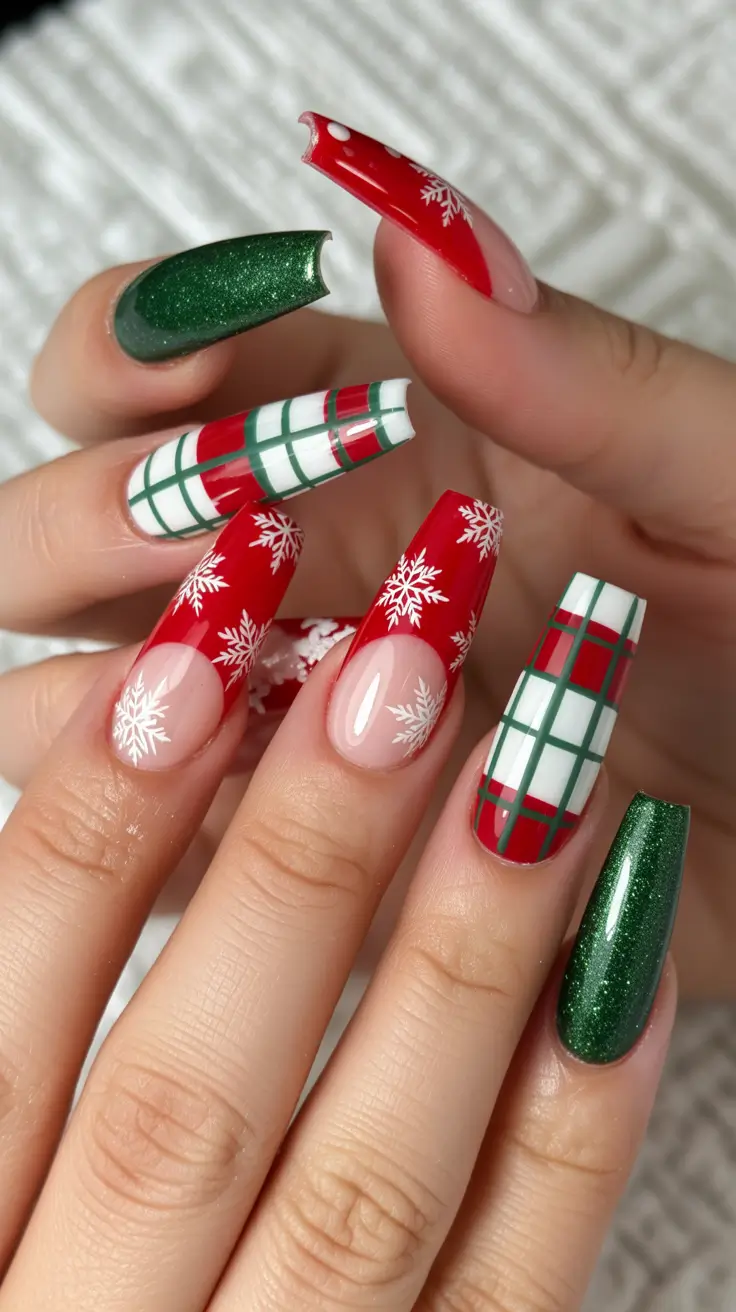 red christmas nails Festive Plaid & Green Sparkle