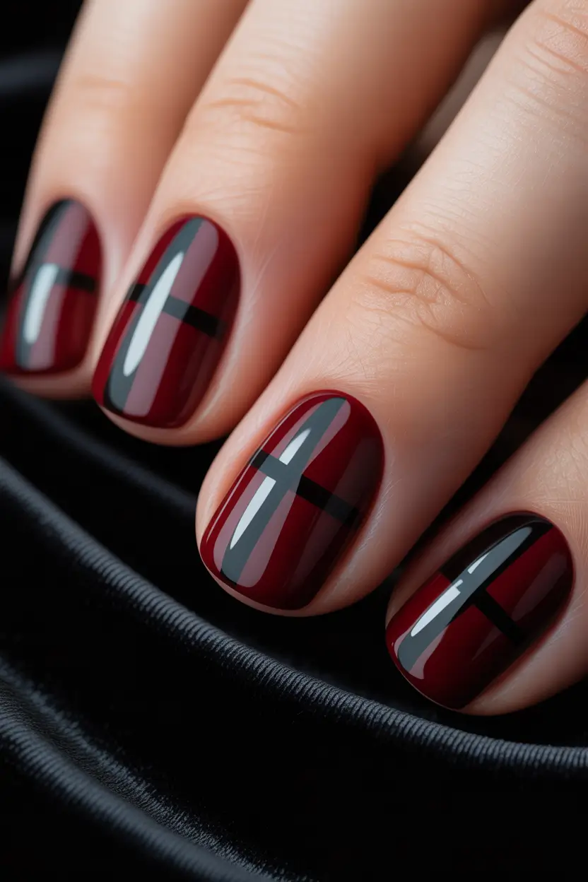 short winter nails Velvet Red Plaid
