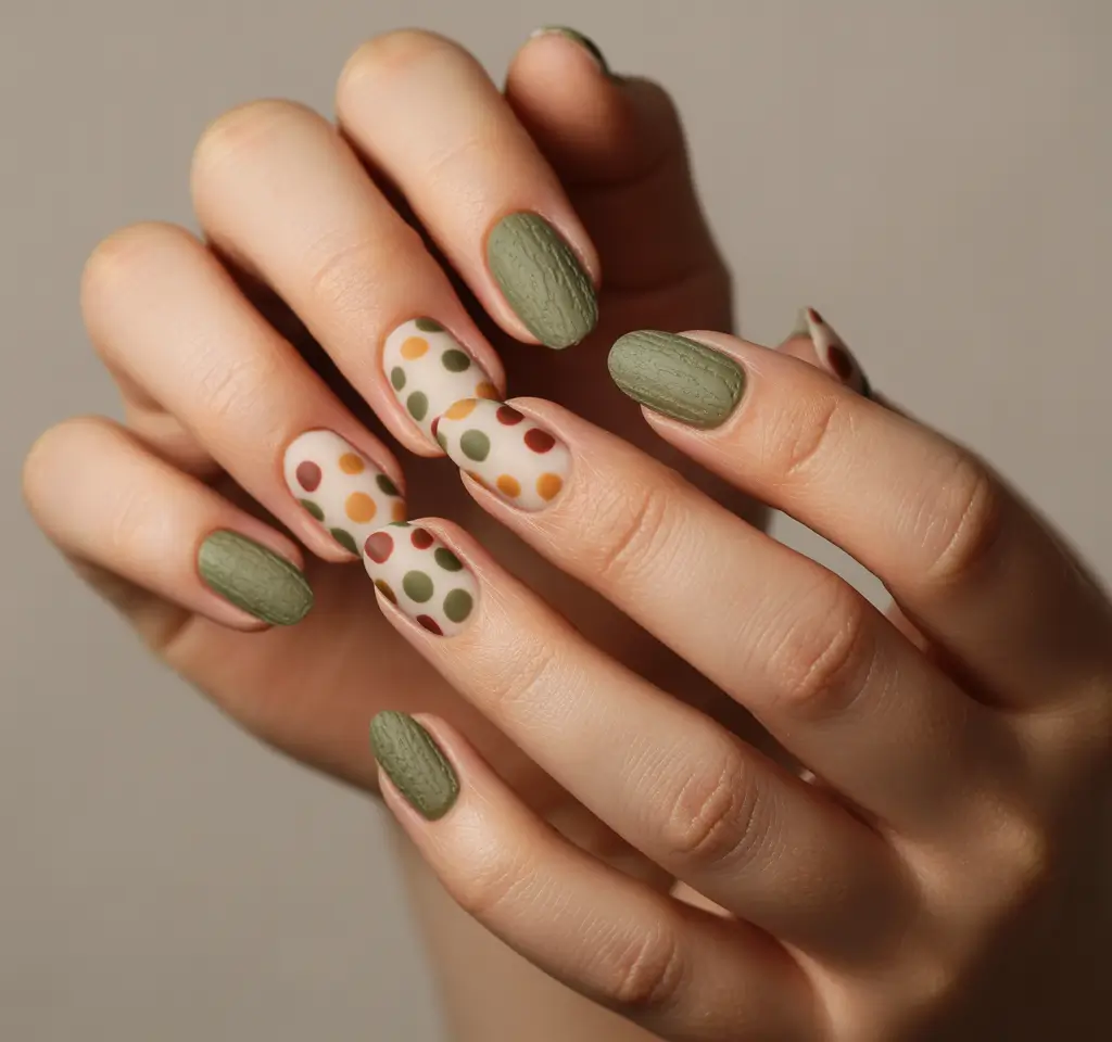 short winter nails Muted Green with Retro Dots