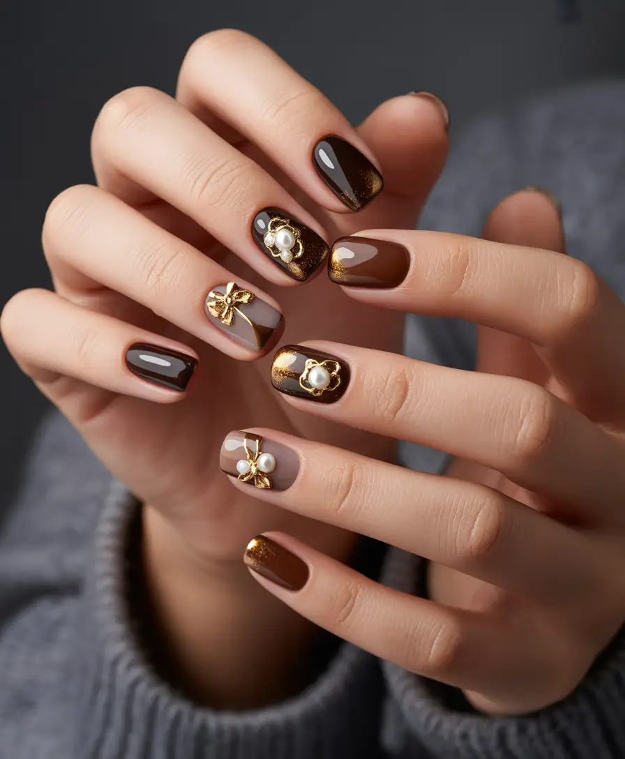 short winter nails Chocolate Gold Luxe