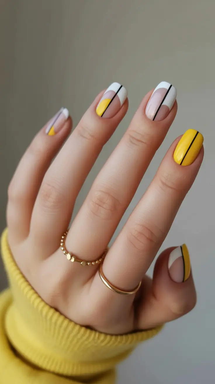 short winter nails Yellow & White Modern Lines
