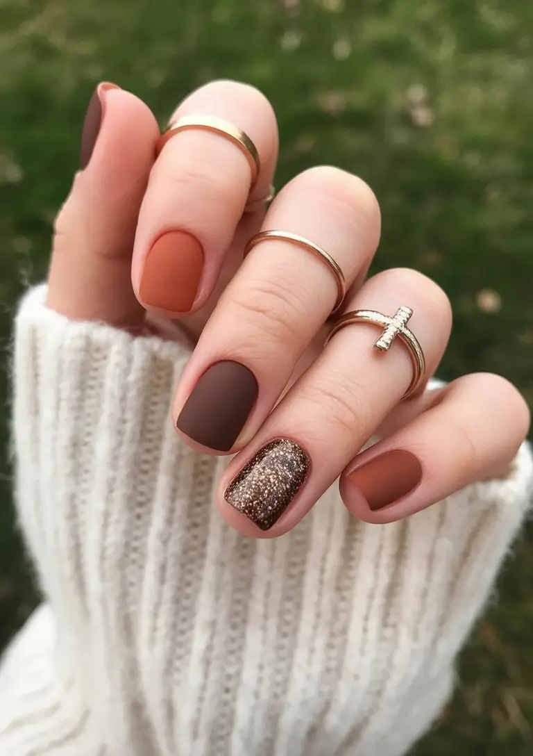 short winter nails Matte Cinnamon and Glitter