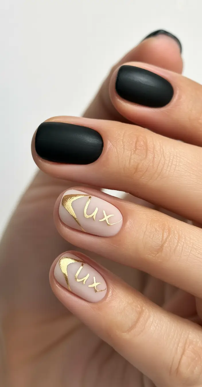short winter nails Matte Black & Gold Lettering