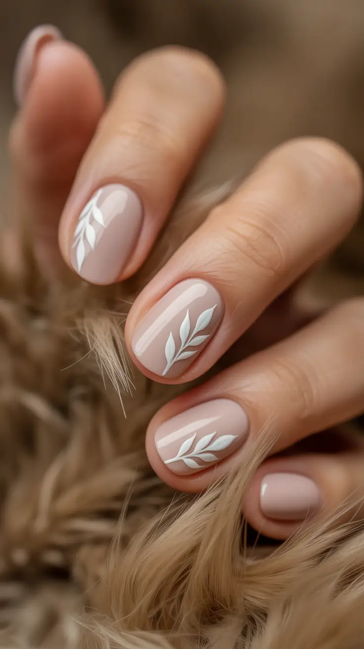 short winter nails Soft Nude Leaves