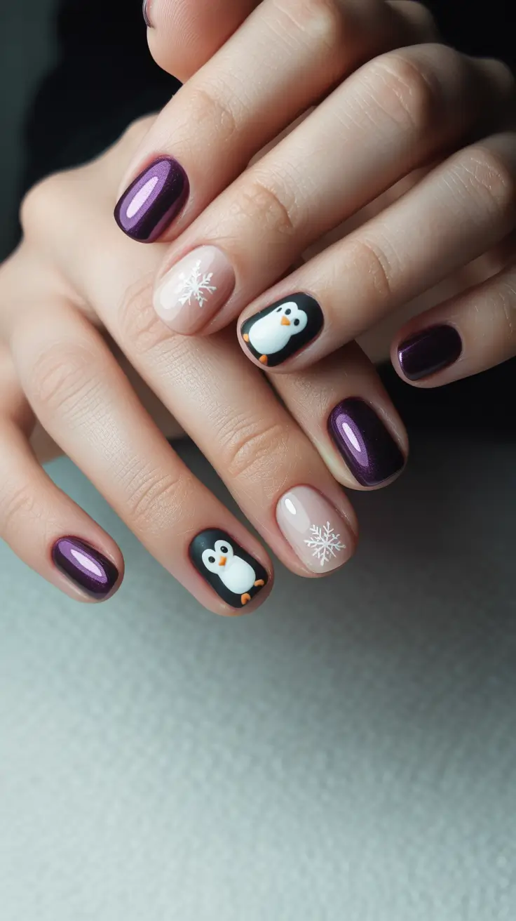 short winter nails Playful Penguin Accents