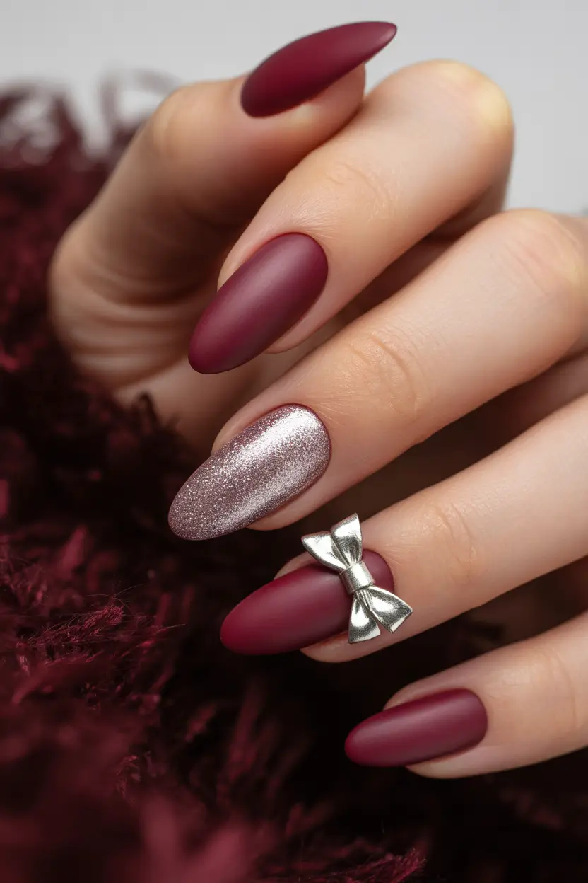 simple christmas nails Velvet Bow Elegance