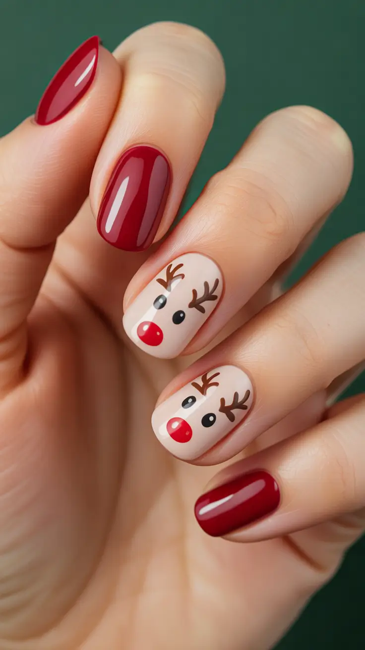 simple christmas nails Rudolph Red Delight