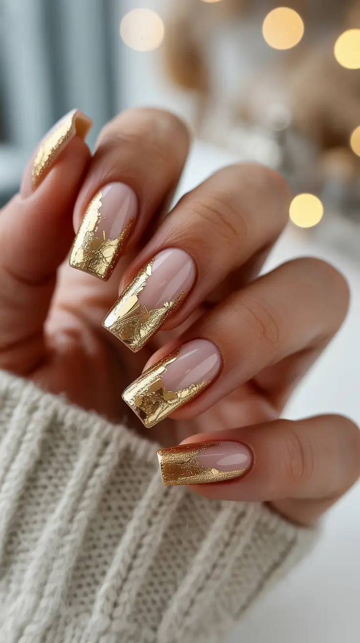 simple christmas nails Golden Frost French Tips