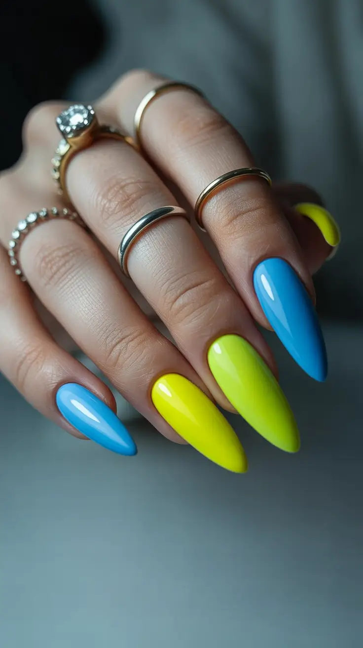 winter acrylic nails Electric Blue and Neon Pop