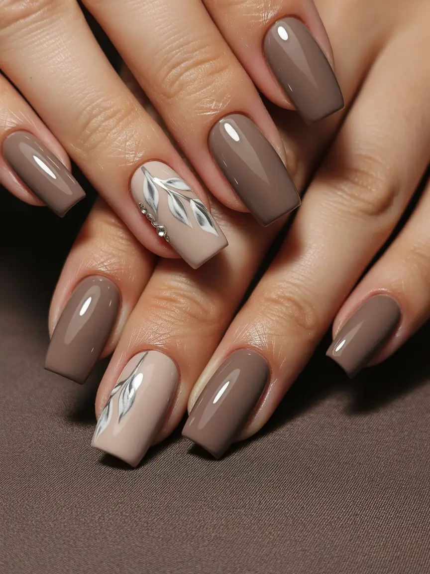 winter acrylic nails Mocha Leaf Charm