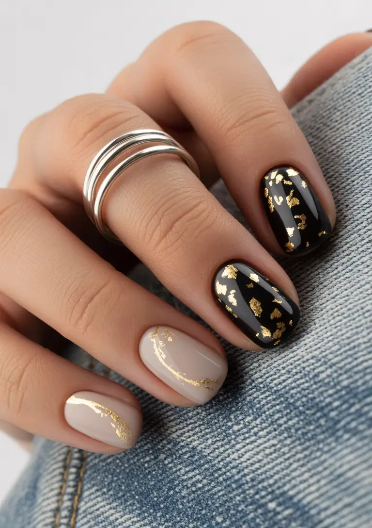 winter acrylic nails Midnight Gold Flecks