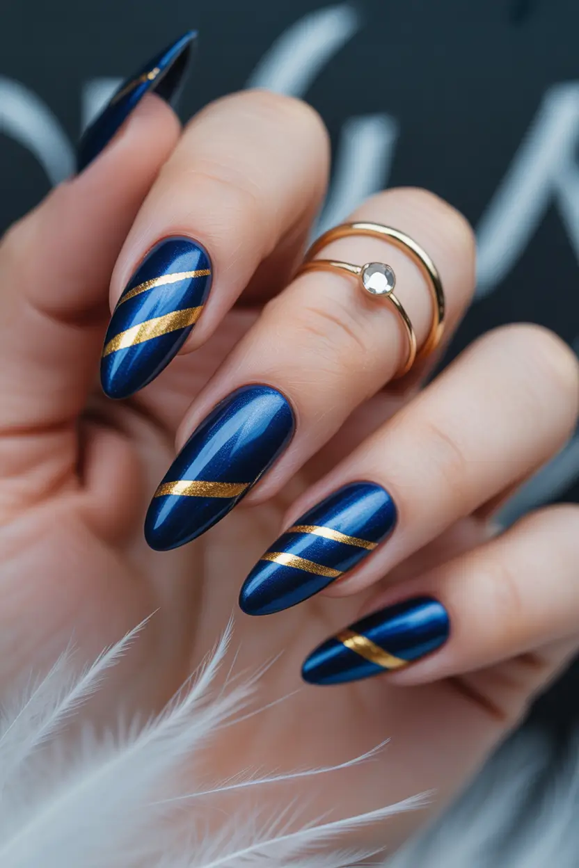 winter acrylic nails Midnight Stripes with a Touch of Gold