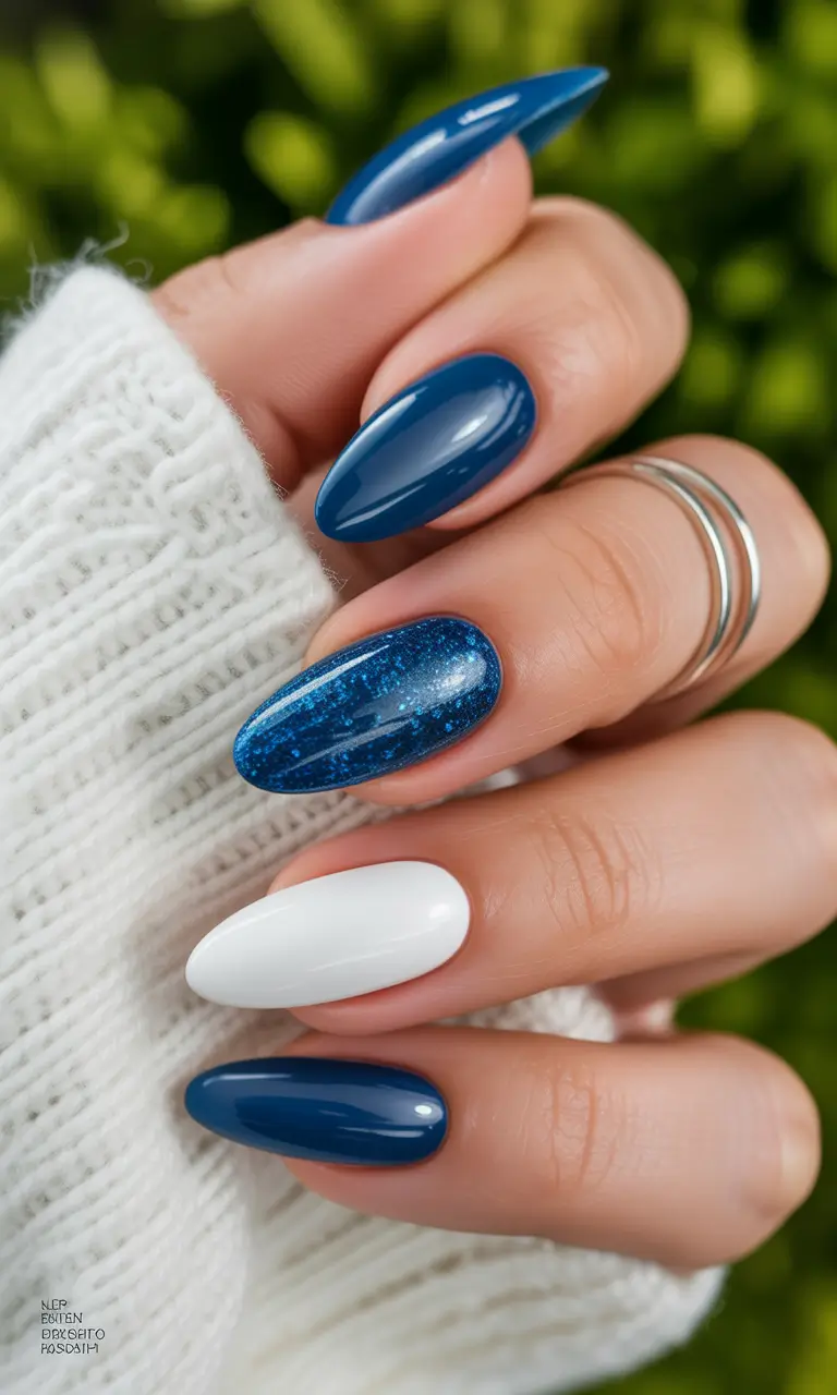 winter almond nails ideas 2025 Midnight Blue Sparkle