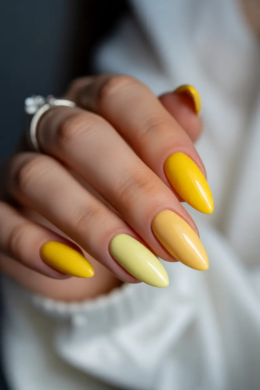 winter almond nails ideas 2025 Golden Sunrise Glow