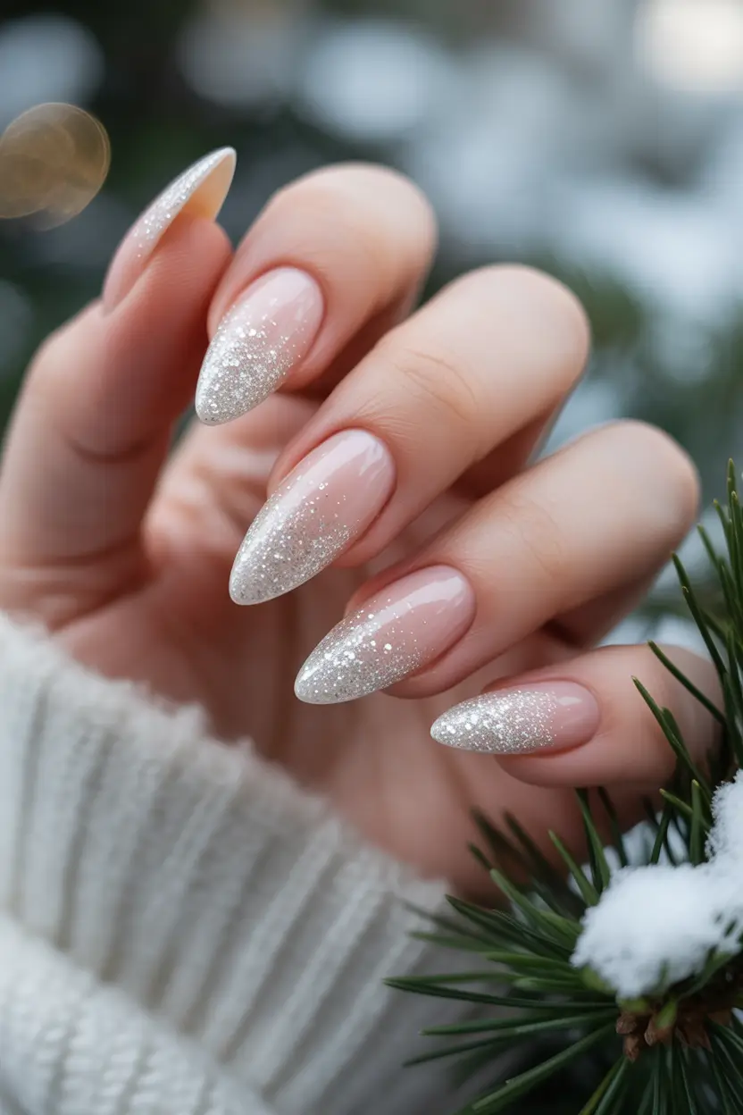 winter almond nails ideas 2025 Snowfall Sparkle