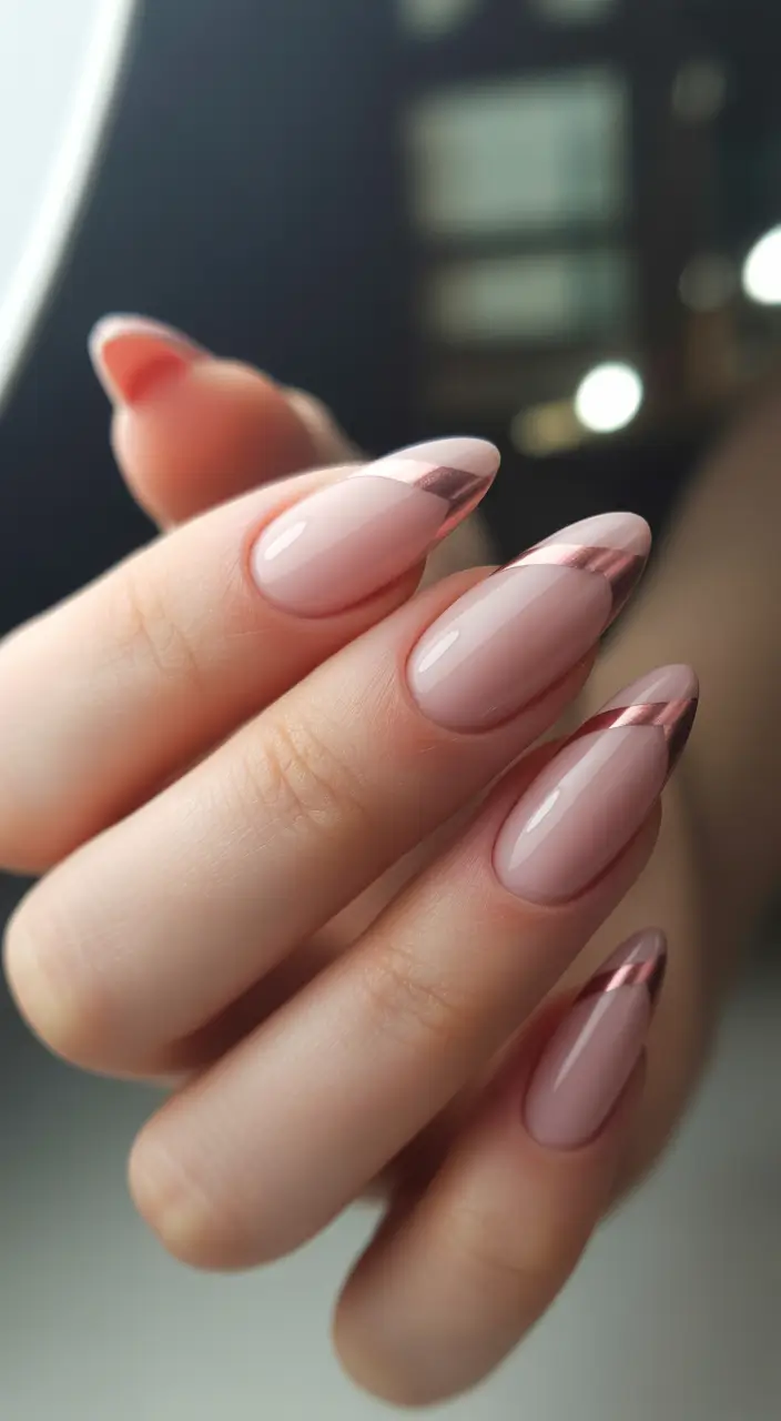 winter almond nails ideas 2025 Rose Metallic French