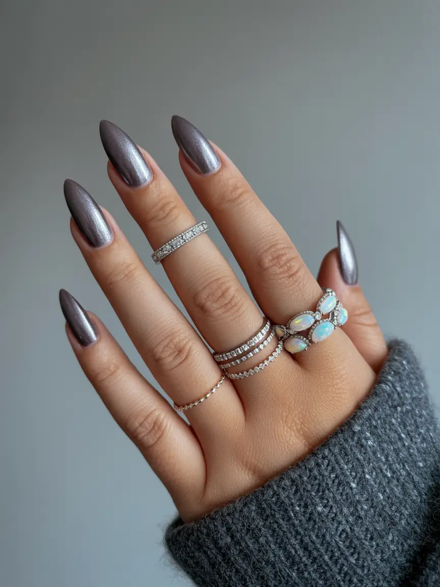 winter almond nails ideas 2025 Gunmetal Glam