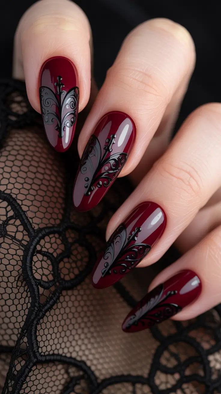 winter almond nails ideas 2025 Gothic Lace Burgundy