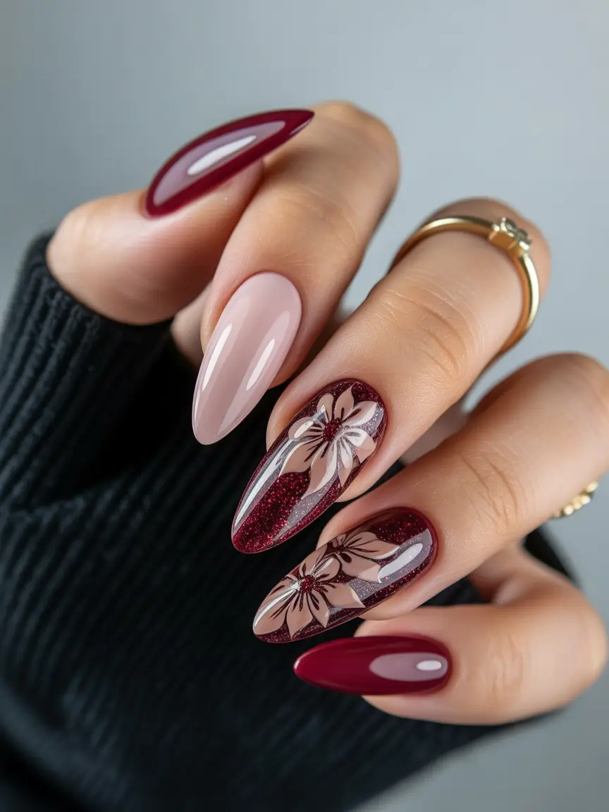 winter almond nails ideas 2025 Burgundy Blossom Charm